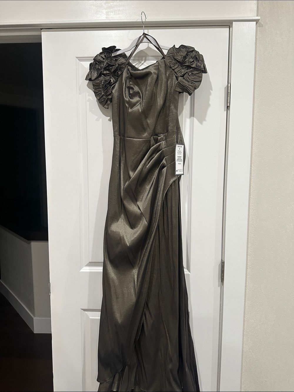 Xscape Olive Green Satin Puff-Sleeve Maxi Gown NWT off the shoulder